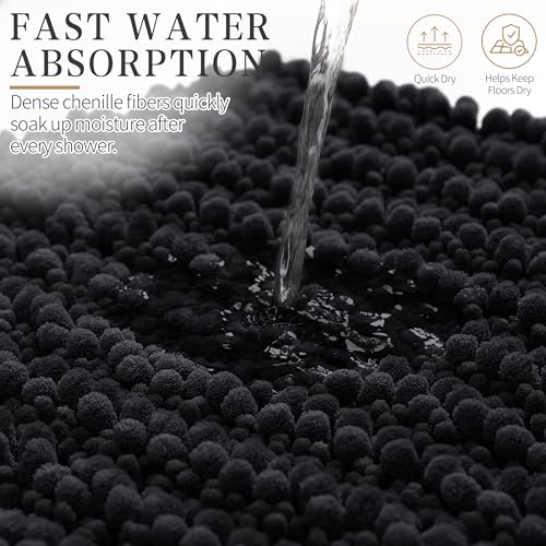 Yimobra Bathroom Rugs Non Slip Washable - Ultra Soft Absorbent Chenille Bath Mat, Quick Dry Shaggy Floor Carpet for Tub Shower, Black Home Decor Accessories, 24x17 Inch - color: Black, size: 24" X 17"