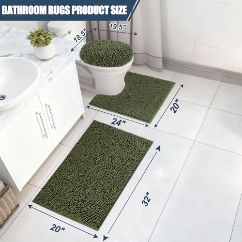 Bathroom Rugs Sets 3 Piece with Adjustable Toilet Seat Cover 19.5"x 18.5" Machine Washable Bath Rug Set with TPR Non Slip Rubber Backing Solid Bath Mat Set for Luxury Bathroom Decoration - color: Olive Green