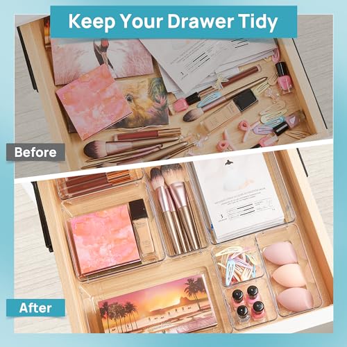 Vtopmart 25 PCS Clear Plastic Drawer Organizers Set, 4-Size Versatile Bathroom and Vanity Drawer Organizer Trays, Storage Bins for Makeup, Bedroom, Kitchen Gadgets Utensils and Office - color: Clear