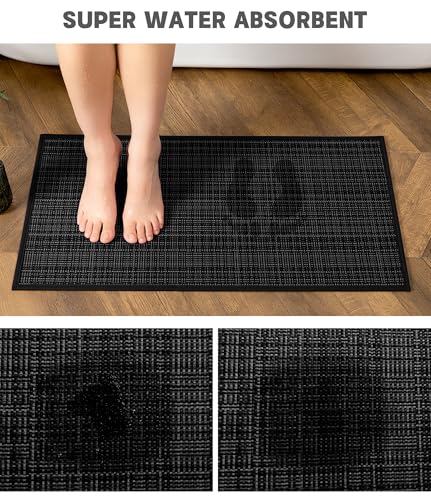 YIHOUSE Bathroom Rugs Sets 3 Pieces, Ultra Thin Bath Mats Fit Under Door, Absorbent Quickly Dry Rubber Backing Braided Bath Mat Set, Non Slip Washable Bath Rugs for Bathroom Floor - color: Black Multi, size: 3pieces