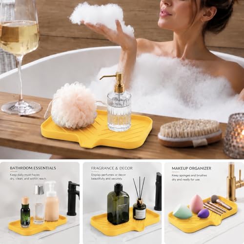 MicoYang Silicone Soap Dish with Drain Spout — Self-Draining Sink Organizer Tray for Bathroom & Kitchen, Sponges, Dispensers & Soap Holder, Non-Slip & Dishwasher Safe, Yellow (Medium, 9.6"×5.3") - color: Yellow, size: M(9.6"×5.3")