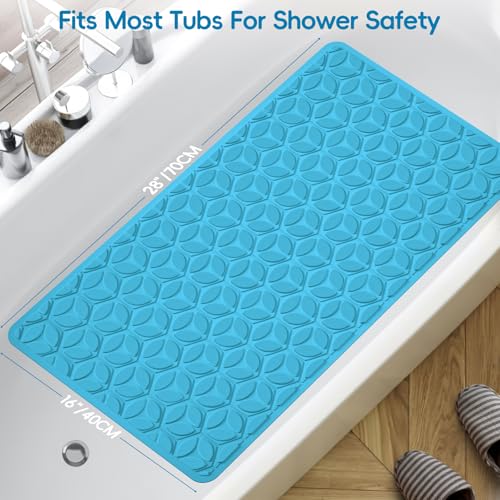 Bathtub Mat Non Slip with Suction Cups - 100% Rubber Bathroom Mat Textured for Bath Tub Shower Safety - Soft on Touch - BPA/PVC Free - Pet Dog Bath Mat - Machine Washable - 16 × 28 Inch（R Blue） - color: River Blue, size: 28" x 16" (Rectangular)