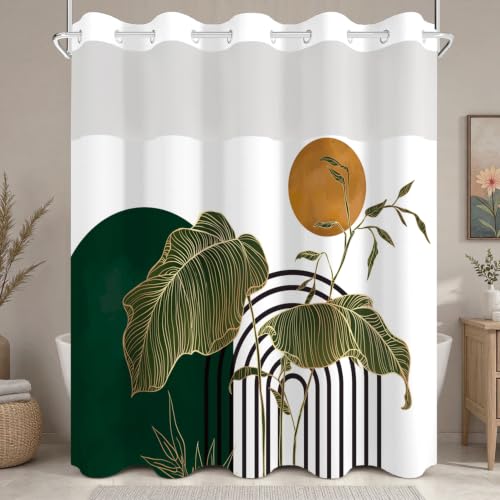 No Hook Shower Curtain with Snap in Liner Set, Modern Botanical Tropical Leaf with Abstract Arch Print Shower Curtains for Boho Art Deco Bathroom, Mesh Top Waterproof Bath Curtain, 71x74 Inch - color: Boho Tropical Leaf