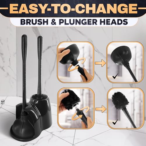 2-in-1 Black Toilet Brush and Plunger Set with Holder – Compact Bathroom Cleaning Combo, Strong Rubber Plunger & Stiff Bristle Brush, Space-Saving Stand, Fits Most Standard Toilets, 9.3×6.3×15.2 inch - color: Black