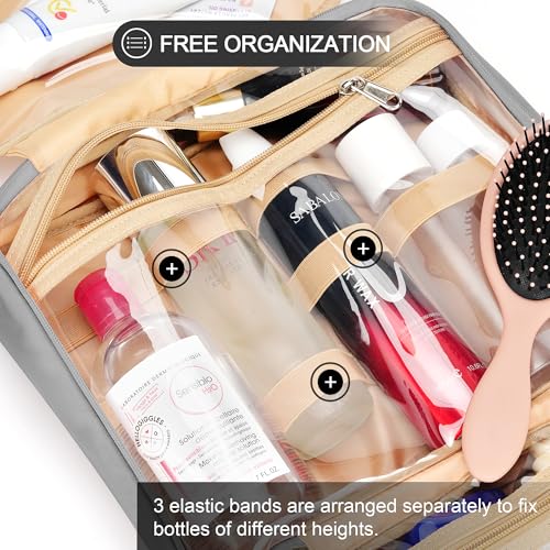 Travel Hanging Toiletry Bag for Women and Men, with 8 Leak Proofing Silicone Bottle Covers, Waterproof Makeup Accessories, Cosmetic Essentials, Cruise Ship Toiletries Bag with Jewelry Organizer, Grey - color: Grey, size: Medium*1 + Leak Proofing Bottle Co