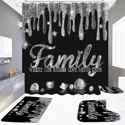 Black and Whit Shower Curtain Bathroom Sets Bling Diamond Family Shower Curtain with Toilet Lid Cover and Non-Slip Rugs 4Pcs, Luxury Shiny Silver Curtains for Bath Laundry Restroom Home Decorations - color: Family