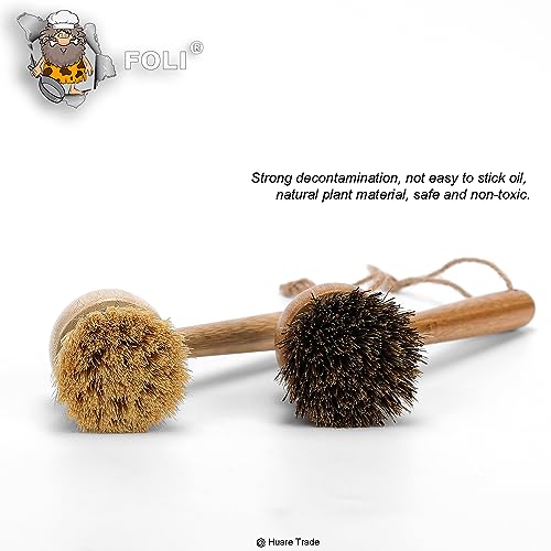 FOLI Bamboo Handle Dish Scrub Brushes - Wooden Cleaning Scrubbers with Stiff Bristles for Washing Kitchen Cast Iron Pan Pot (2PCS with Sisal & Palm Bristles, Long Handle)