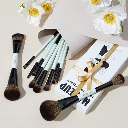 Jessup Makeup Brushes Set 10pcs, Double Sided Foundation Contour Blush Highlight Blending Eyebrow Brush Eyeshadow Eyeliner Concealer Brush, Bright Cyan Cruelty Free Cosmetic Tools T500 - style: 10pcs-T500