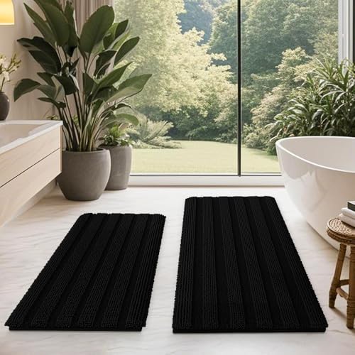 ACCUMTEK Striped Black Bathroom Rug Mat Set 2 piece 32"x20"+24"x17" Ultra Soft, Non Slip Chenille Bath Rugs, Absorbent Plush Shaggy Bath Mats for Bathroom, Bedroom, Kitchen, Shower, Tub - color: Black, size: 2'8"x1'8"+2'×1'5"