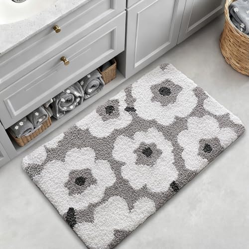 LUMI Bathroom Rugs Cute Floral Design, Soft Absorbent Microfiber Bath Mat Non-Slip, Machine Washable Quick Dry Grey Luxury Rug Flower for Floor, Bathtub, Home Decor, 20"x32" - color: C-white Flower, size: 20"x32"