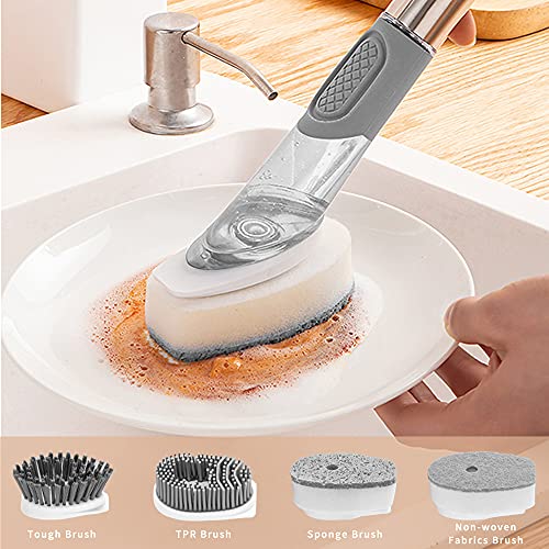 4-in-1 Dish Cleaning Brush Soap Dispensing Dish Brush Set with 4 Replacement Heads and Storage Holder, Kitchen Scrub Brush for Dish Pot Pan Sink Cleaning (Grey) - color: Gray