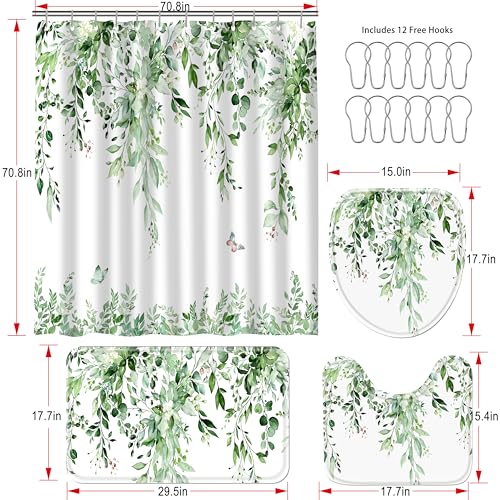 16 Pcs Sage Green Eucalyptus Shower Curtain Set with Rugs, Botanical Leaf Bath Curtains and Quick Absorbent Foam Mats, 120GSM Heavy-Weight Fabric Curtain with 12 Metal Hooks, 72x72 Inch - color: Green