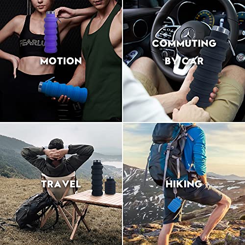 Collapsible Water Bottles，3 pack BPA Free Travel Silicone Water Bottle with Carabiner，17oz Reusable Foldable Lightweight Portable Sports Water Bottle for Travel Gym Camping Hiking - color: Black + Blue + Purple