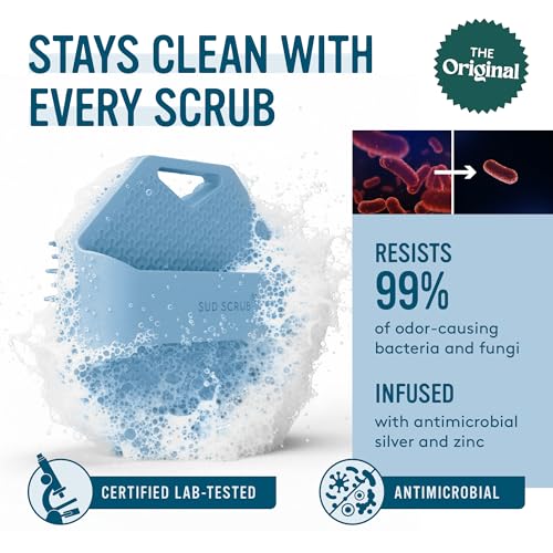 Sud Scrub® Antimicrobial Silicone Body Scrubber, Exfoliating Body Brush for Sensitive Skin, Antibacterial Shower Scrubber for Body, Bathroom Essentials for Men & Women, Blue - color: Blue