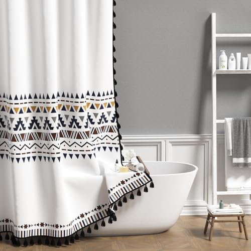 AOFOTO White Boho Shower Curtain with Black Tassel Chic Triangle and Geometric Waterproof Shower Curtain Modern Minimalist Bath Curtain Family Bathtub Bathroom Home Decor with Hooks 36x72 Inch - color: Black White, size: 36"W x 72"L (Pack of 1)