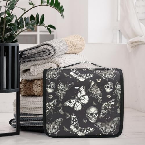MNSRUU Hanging Toiletry Bag Gothic Skull Butterfly Travel Makeup bag for Toiletries Portable Travel Toiletry Organizer Cosmetic Bags with Hanging Hook - color: Skull A8414