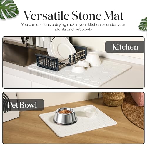 Diatomaceous Earth Stone Bathmat | Eco-Friendly XL Stone Bath Mat 18x24 Inch. Instant Dry Bathroom Mat with Sandpaper & Pads. Multiuse, Kitchen Counter & Stone Dog Bowl Mat (2, White) - color: White