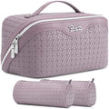 BOYATU Travel Makeup Bag Cosmetic Bags for Women: Large Capacity 3 Pcs Set Make up Bag with Compartments - Waterproof Vegan Leather Toiletry Organizer Bags with Handle (L55Light Purple) - color: L55Light Purple