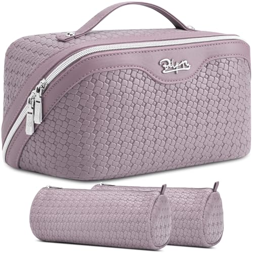 BOYATU Travel Makeup Bag Cosmetic Bags for Women: Large Capacity 3 Pcs Set Make up Bag with Compartments - Waterproof Vegan Leather Toiletry Organizer Bags with Handle (L55Light Purple) - color: L55Light Purple