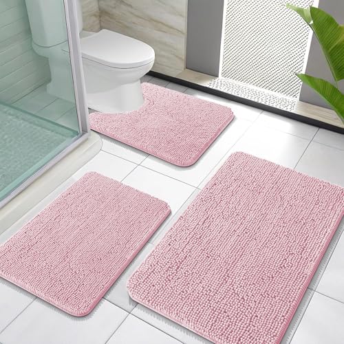 OLANLY Bathroom Rugs Sets 3 Piece, Soft Absorbent Chenille Bath Mats and U-Shaped Contour Toilet Rug, Quick Dry, Home Decor Accessories, Bath Mat Set for Bathroom (30"x20"+24"x16"+24"x20", Dusty Rose) - color: Dusty Rose, size: 30" X 20" + 24" X 16" + U24