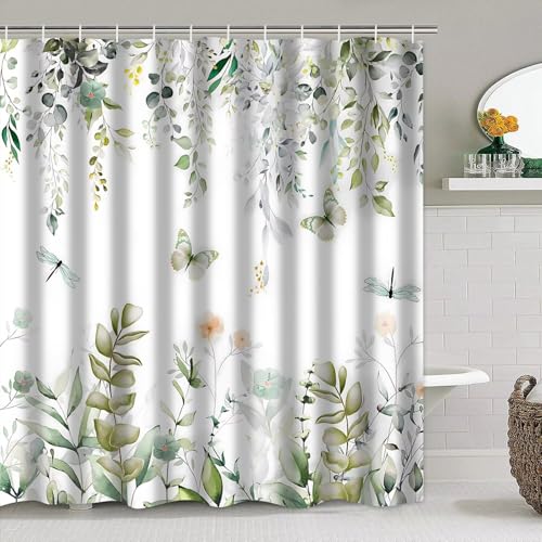 DDQQ 4Pcs Spring Shower Curtain Set Dragonfly Butterflies Bathroom Sets with Rugs, Green Leaf Flower Bathroom Shower Curtain Set with Carpet Bath Mat Toilet Rugs - color: Light Green