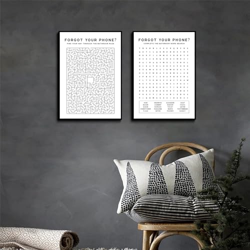 Laylwhq Funny Bathroom Wall Art, Black and White, 12x16in, 2 Pcs | Forgot Your Phone Sign, Crossword Puzzle Pictures, Canvas Wall Decor, Unframed, Restroom Home Decorations - color: black and white, size: 12"Wx16"Hx2