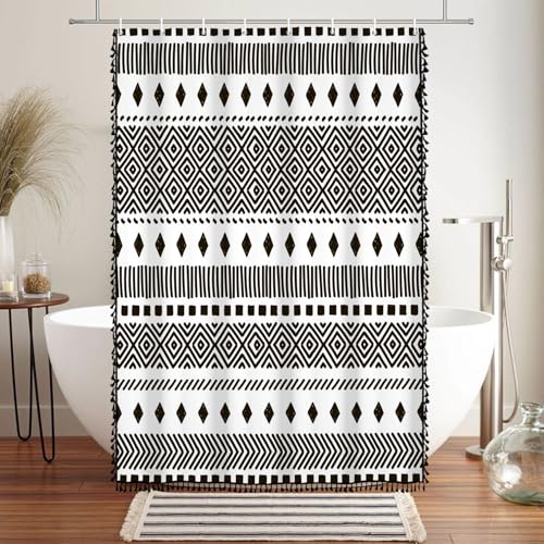 AOFOTO Bohemian Shower Curtain Black and White Geometric Design Shower Curtains with Black Tassel Boho Pattern Shower Curtains for Bathroom Waterproof Fabric Bath Curtain Sets with Hooks 48x72 Inches - color: Black Stripe, size: 48"W x 72"L (Pack of 1)