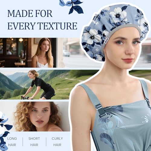 Years calm Shower Caps for Women Reusable Waterproof – Double Layer Elastic Cap with Tropical Botanical Print Shower Cap for Shower, Spa, Travel, Bath & Daily Hair Protection - color: Blue