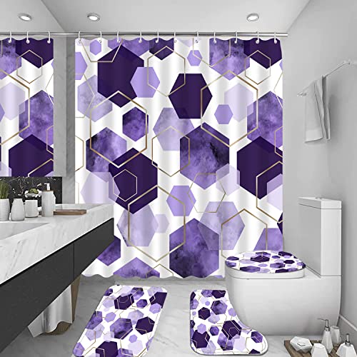 LQCOOL 4Pcs Purple Shower Curtain Set Marble Grain Geometric Bathroom Set Lavender Abstract Bathroom Curtain Set with 12 Hooks Carpet Bath Mat and Toilet Rugs - color: Purple