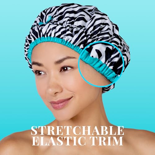 Reusable Shower & Bath Cap & Lined, Oversized Waterproof Shower Caps Large Designed for all Hair Lengths with PEVA Lining & Elastic Band Stretch Hem Hair Hat - Fashionista Sassy Stripes - color: Sassy Stripes
