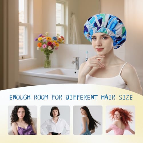 Years Calm Shower Caps for Women Reusable Waterproof, Double-Layer Extra Large Elastic Hair Cap for Shower for Long Hair & Braids, Travel & Home - color: blue