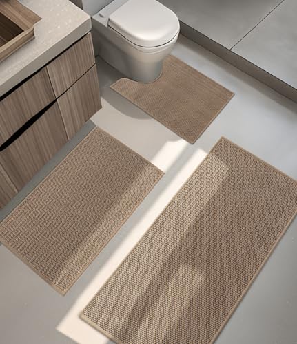 YIHOUSE Bathroom Rugs Sets 3 Pieces, Grey Ultra Thin Bath Mats Fit Under Door, Absorbent Quickly Dry Rubber Backing Braided Bath Mat Set, Non Slip Washable Bath Rugs for Bathroom Floor, Grey - color: Grey, size: 3pieces