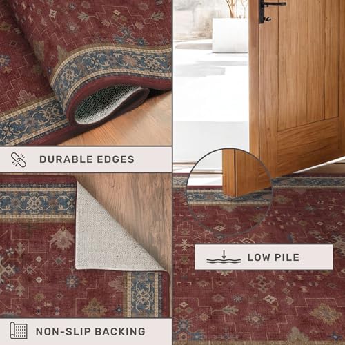 Hazo Haus Burgundy 2x4 Washable Entry Rug for Inside House, Kitchen Floor, Thin Door Mats for Inside Entry, Washable Non Slip Low Pile Stain & Fade Resistant, Modern Eclectic Floral Decor - color: Burgundy, size: 2' x 4' (Rectangular)