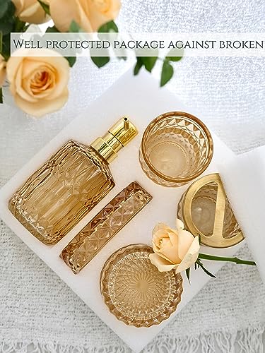 LaMarriti Clear Gold Bathroom Accessorries Set, 5Pcs Glass Bathroom Set, Soap Dispenser and Toothbrush Holder Set, Soap Dish, Tumbler, Q-Tips Holder Set for Modern Bathroom Sink, Cute Bathroom Decor - style: Clear Gold
