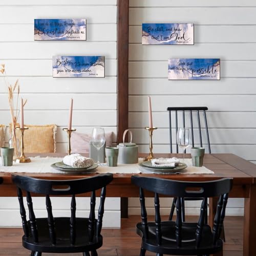4 Pcs Blue Bathroom Decor Christian Wall Art Abstract Bible Verse Wall Decor Rustic Inspirational Wood Bathroom Accessories For Bedroom Kitchen Office(10 x 4 Inches, Blue) - color: Blue