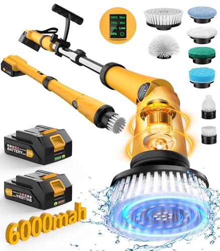Qimedo Electric Spin Scrubber Extra Large Brush Q3,6000 mAh Best Battery Power Scrubber for Cleaning,1200RPM Shower Cordless Cleaning Brush with 8 Brushes for Bath/Tub/Tile/Floor (Smart Display) - color: Yellow, size: Scrubber with 50-inch Handle