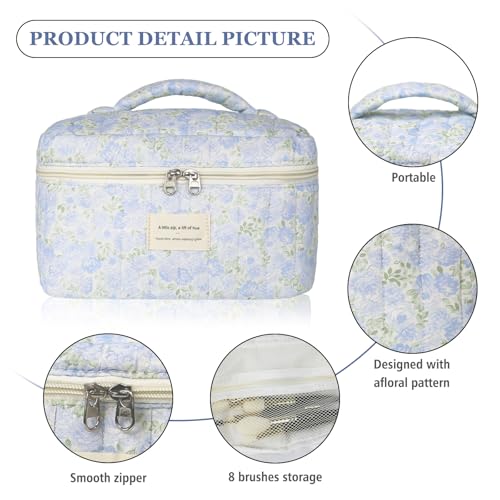 Gosect 1pc Large Makeup Bag, Cute Cosmetic Bag for Women Girls, Floral Coquette Aesthetic Toiletry Bag, Travel Make Up Organizer Bag (Green Leaves Blue Flowers) - color: 027Green Leaves Blue Flowers