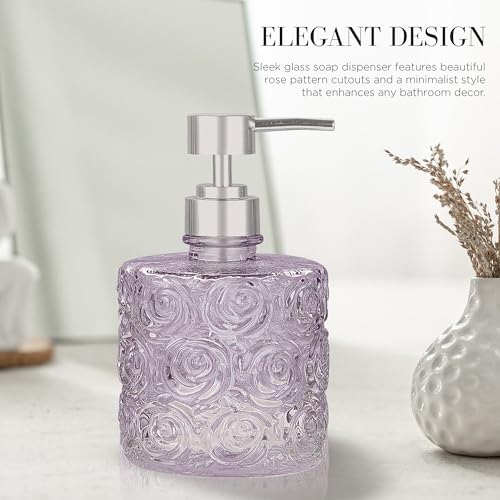 Marcella Glass Soap Dispenser with Soap Pump, Refillable 14 Ounce Capacity, Floral Design Rose Patterns, Heavy Weight Thick Glass for Bathroom, Premium Kitchen Soap Dispenser Lavender - color: Lavender Frost