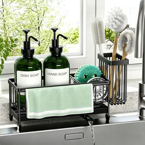 Kitchen Soap Dispenser Set with Sponge Holder and Towel Rack, 17OZ Glass Bottle, Hand and Dish Soap Dispenser Set, Non-Slip Silicone Pad, Brush Holder, Kitchen Sink Caddy Organizer Countertop (Green) - color: Green