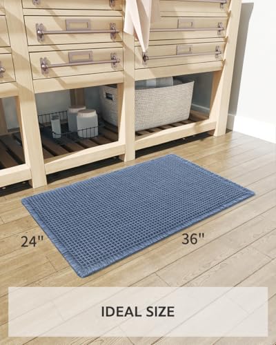 Waffle Bath Mat Rug, Super Absorbent Non Slip Bath Mats for Bathroom Mat Ultra Soft Bathmat Machine Washable Bathroom Rugs with Tassels, Bath Rugs for Bathroom Floor Beside Tub, 24" x 36", Blue - color: Blue, size: 24" x 36"