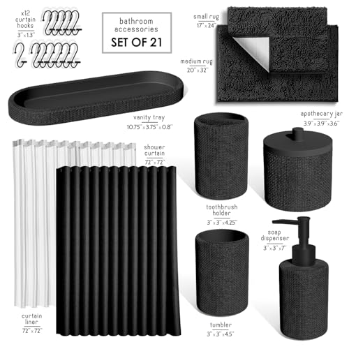 Clara Clark Black Bathroom Set - Bathroom Sets with Shower Curtain and Rugs, 21PC Bathroom Accessory Set, Shower Curtain Set with Soap Dispenser & Toothbrush Holder - color: Black, size: Complete Set + Bath Rugs