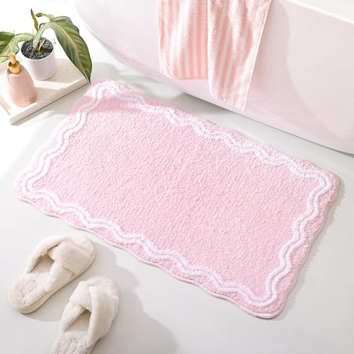 TRUEDAYS Pink Scalloped Bath Mat - Soft Microfiber Bathroom Rug, Non-Slip Cute Mat for Tub & Shower, Aesthetic Decor for Modern Bathrooms,32x20 Inches - color: Pink Scalloped
