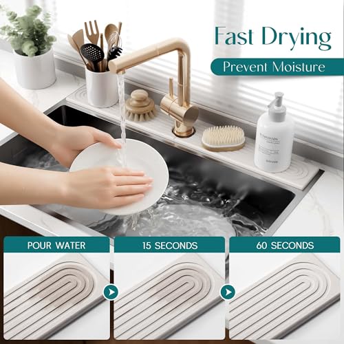 eormoe 30 Inch Faucet Mat for Kitchen Sink - Instant Dry Sink Protector for Countertop, Extra-Long Diatomaceous Earth Stone Sink Tray Around Faucet for Kitchen Bathroom RVs (Light Grey, 30" x 3.9") - color: Light Grey, size: 30" x 3.9"