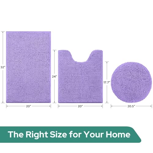 HOMEIDEAS 3 Pieces Light Purple Bathroom Rugs Set, Ultra Soft Non Slip Bath Rug and Absorbent Chenille Bath Mat, Includes U-Shaped Contour Rug, Bath Mat and Toilet Lid Cover, Perfect for Bathroom, Tub - color: Light Purple, size: 20"x32"+U 20"x24"+Cover 1