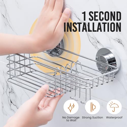LEVERLOC Shower Caddy Suction Cup, 2 Pack Heavy Duty Bathroom Organizer for Inside Shower with Hooks & Soap holder, Removable and Rustproof Silver bathroom Holder Storage - color: 2 X Silver Basket
