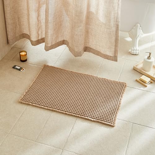 TYUU Waffle Bath Mat, Boho Bathroom Rugs Non Slip Washable Super Absorbent Quick Dry Farmhouse Bathroom Decor, 24"x16" Khaki - color: Khaki, size: 1'4" X 2' (Rectangular)