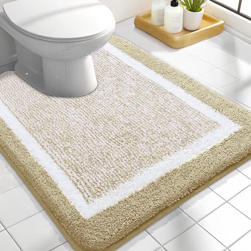 OLANLY Toilet Rugs U-Shaped 24x20, Extra Soft and Absorbent Microfiber Bathroom Rugs, Non-Slip, Machine Wash Dry, Plush Shaggy Contour Bath Mats for Toilet Base, Beige - color: Beige and White, size: 24" X 20" Contour Rug