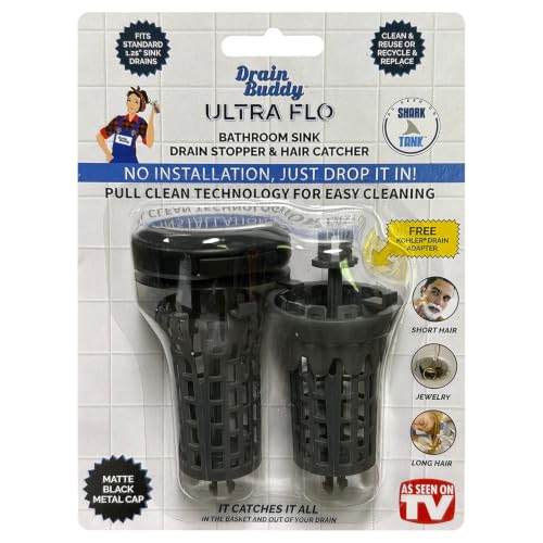 Drain Buddy Ultra Flo- 2 in 1 Bathroom Sink Stopper & Hair Catcher W/Patented Pull Clean Technology! | Fits 1.25” Sink Drains, Clog Preventing | Matte Black Metal Cap / 1 Replacement Basket - color: Matte Black