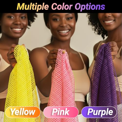 African Net Sponge Authentic 3 Pieces Gentle Exfoliating Body Scrubber Bath Sponges for All Skin Types, African Exfoliating Net Sponge with Handles Washcloth Loofah Bathing Accessories for Shower - style: Yellow, Pink, Purple