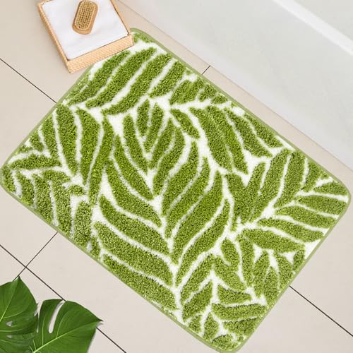 Grass Green Leaf Bathroom Rugs - Cute Bath Mat, Large Bath Mats Non Slip Machine Washable Funny Bathroom Decor Water Absorbing Bath Rugs Green Bath Mat Leaves 24" x 36" - color: Grass Green, size: 2' x 3' (Rectangular)